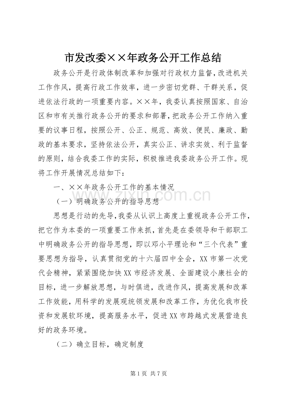 市发改委××年政务公开工作总结 .docx_第1页