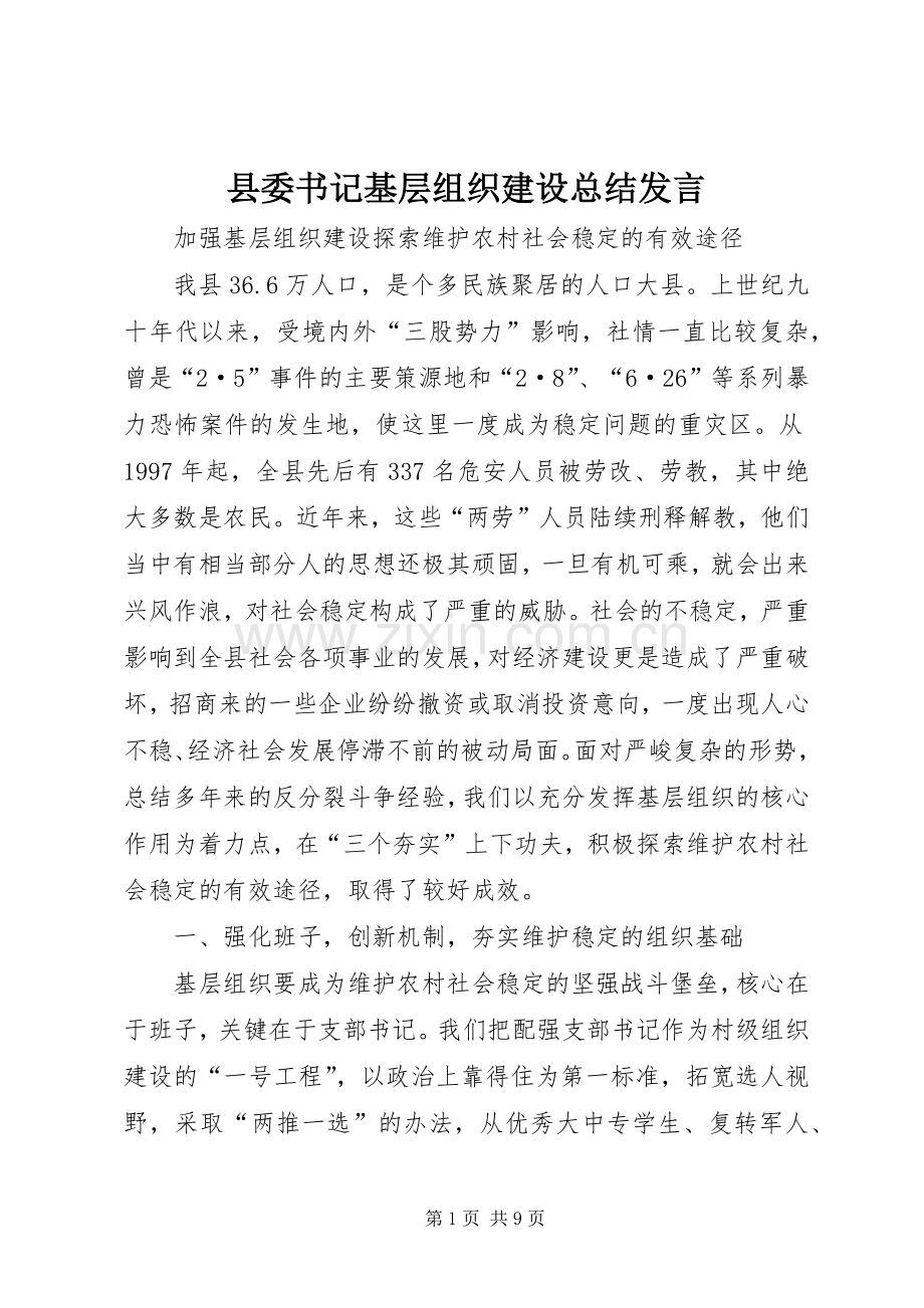 县委书记基层组织建设总结发言 .docx_第1页