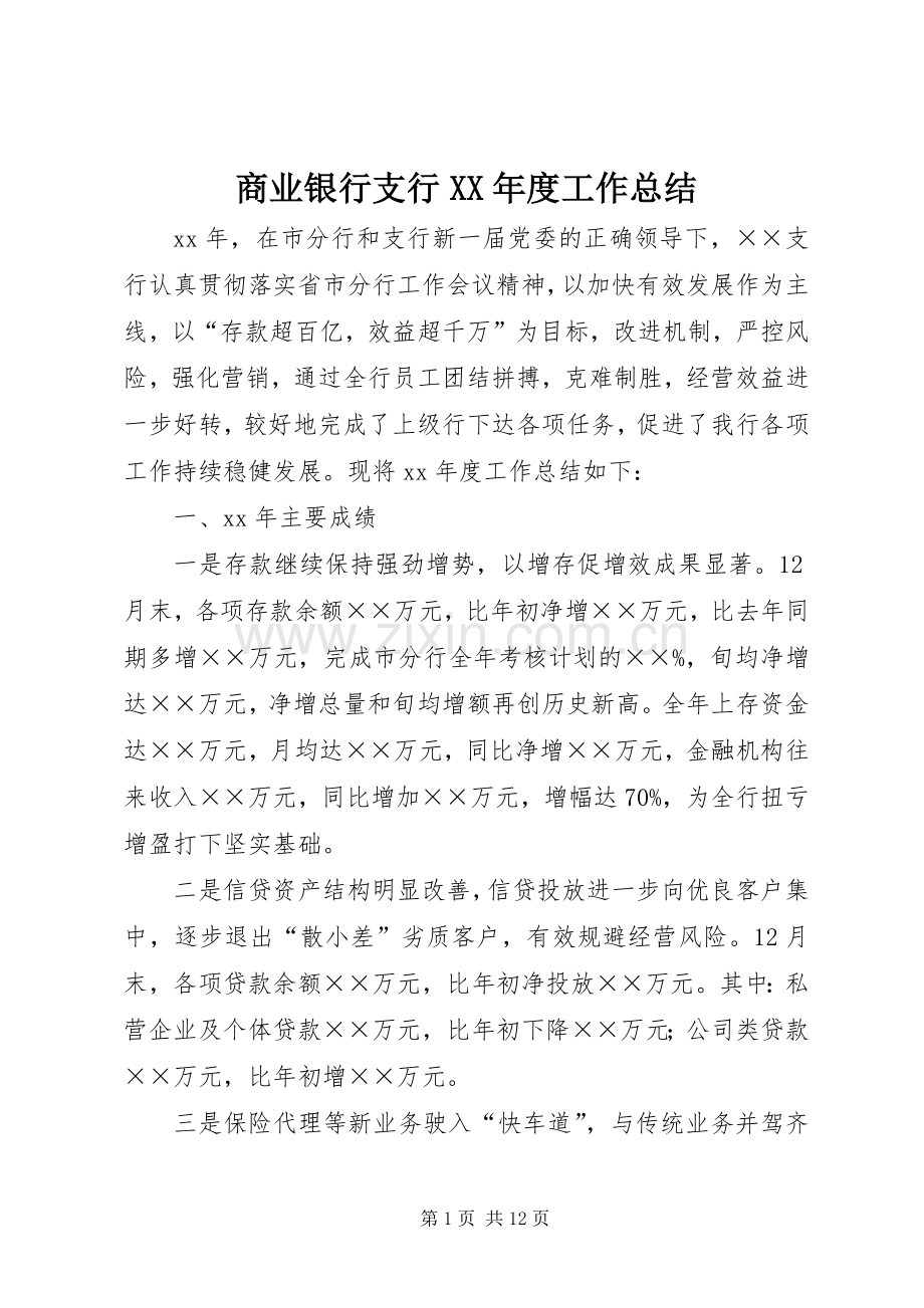 商业银行支行XX年度工作总结 .docx_第1页