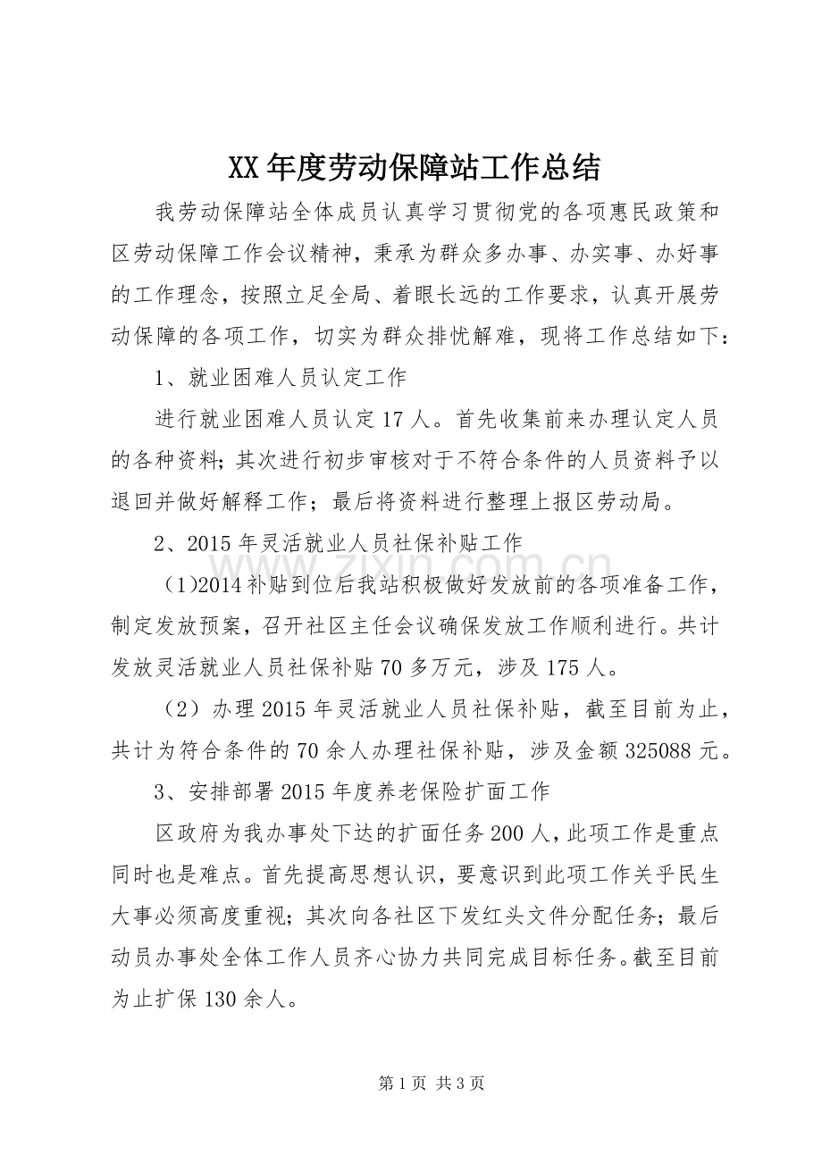 XX年度劳动保障站工作总结 .docx_第1页