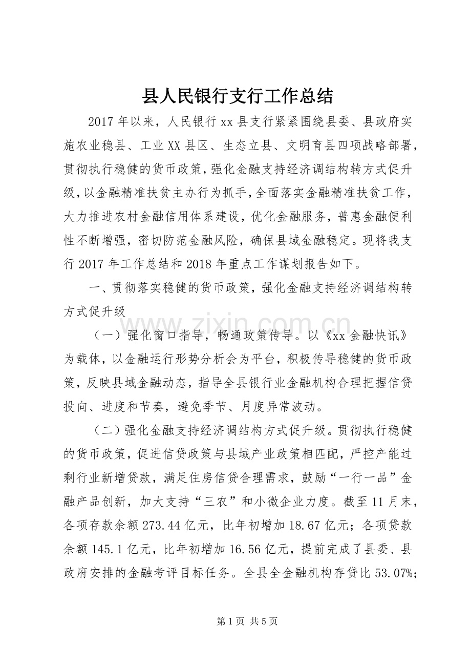 县人民银行支行工作总结 .docx_第1页