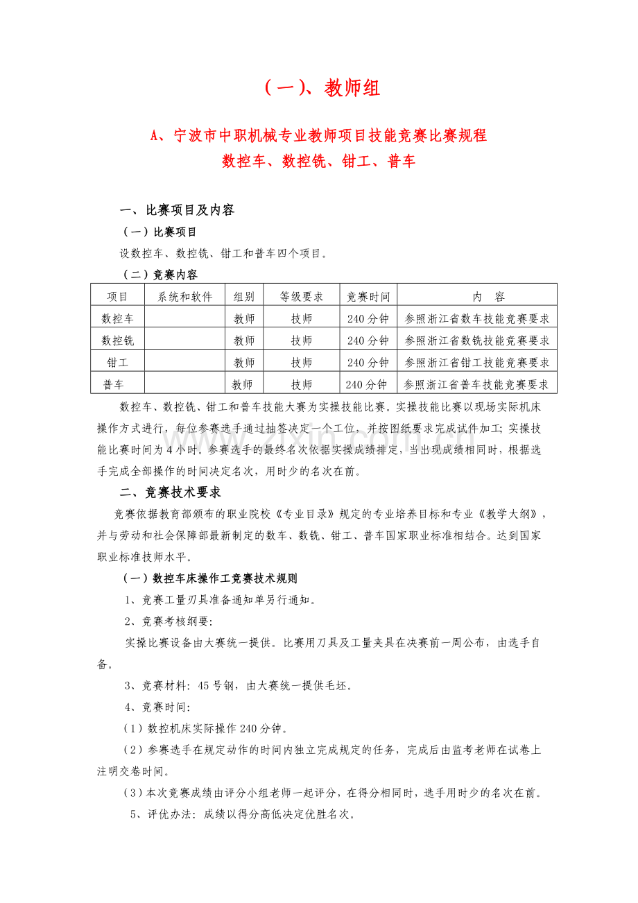 宁波市中职机械专业教师项目技能竞赛比赛规程.docx_第1页