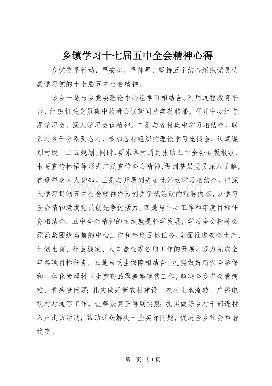 乡镇学习十七届五中全会精神心得.docx_第1页