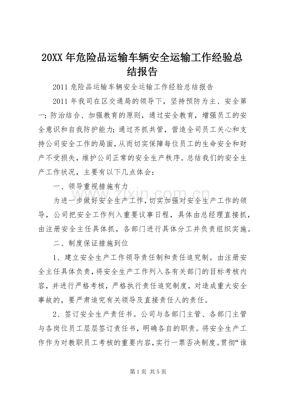 20XX年危险品运输车辆安全运输工作经验总结报告 .docx_第1页