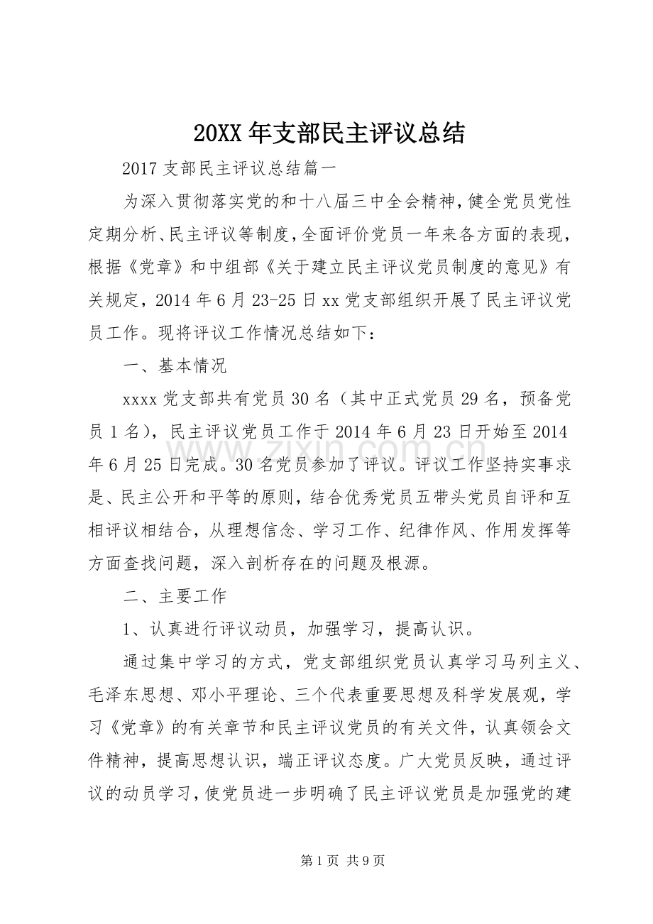 20XX年支部民主评议总结.docx_第1页