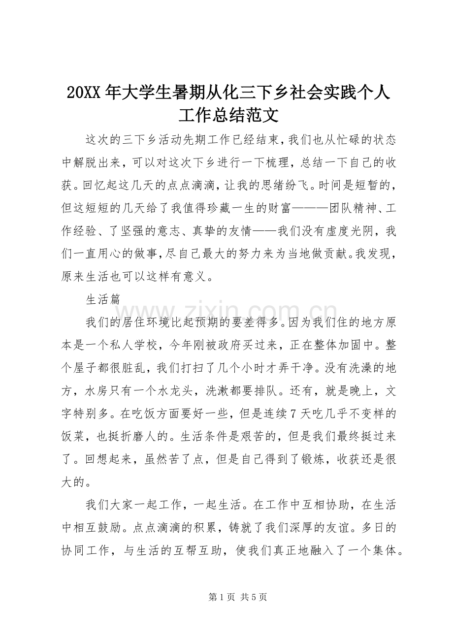 20XX年大学生暑期从化三下乡社会实践个人工作总结范文.docx_第1页