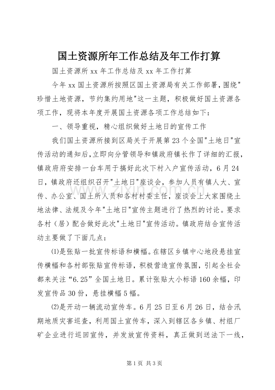 国土资源所年工作总结及年工作打算 .docx_第1页