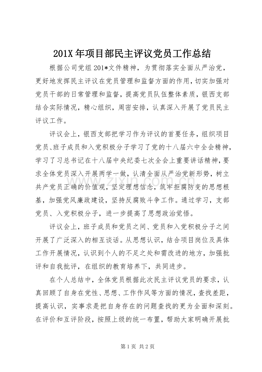 202X年项目部民主评议党员工作总结.docx_第1页