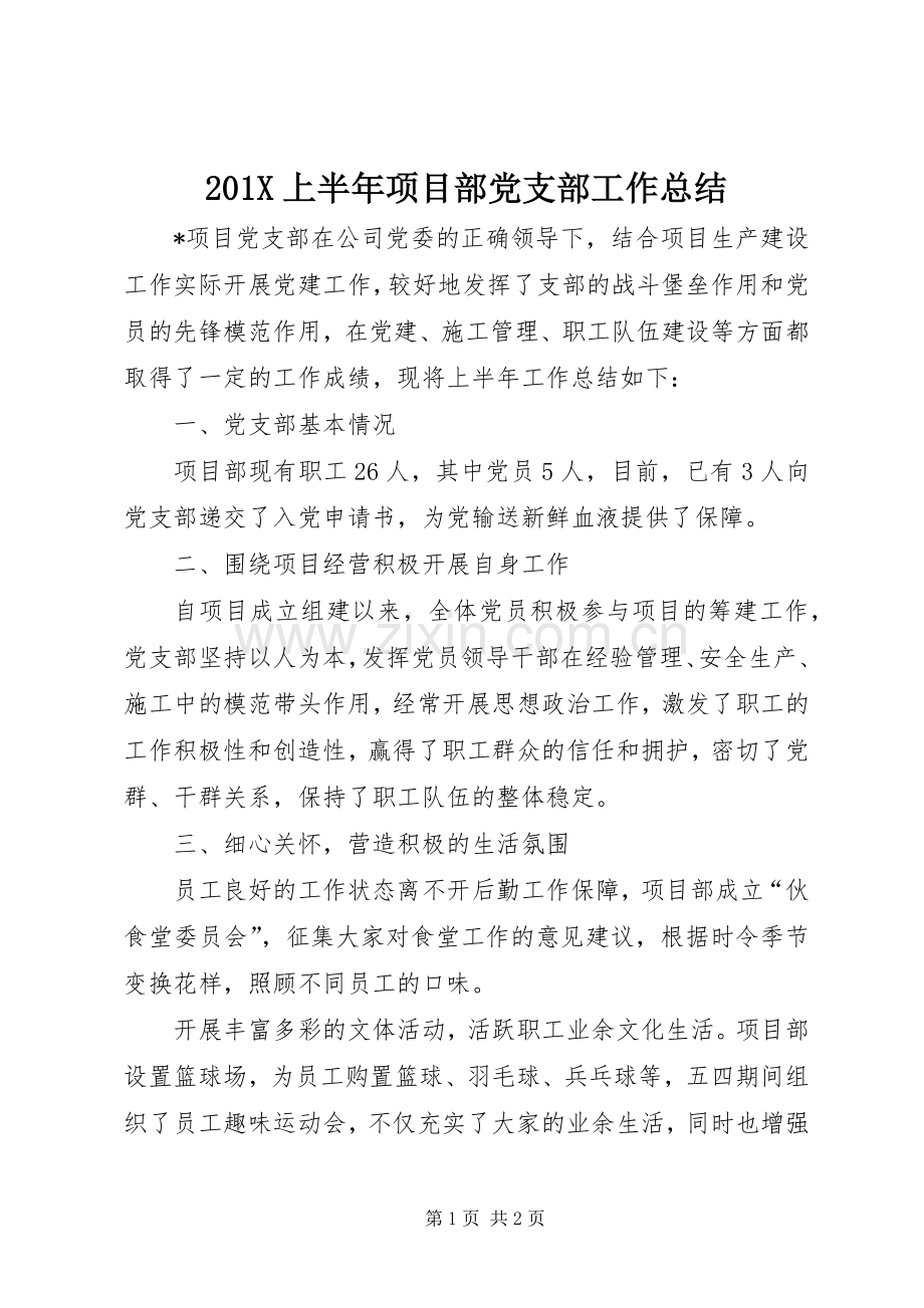 202X上半年项目部党支部工作总结.docx_第1页