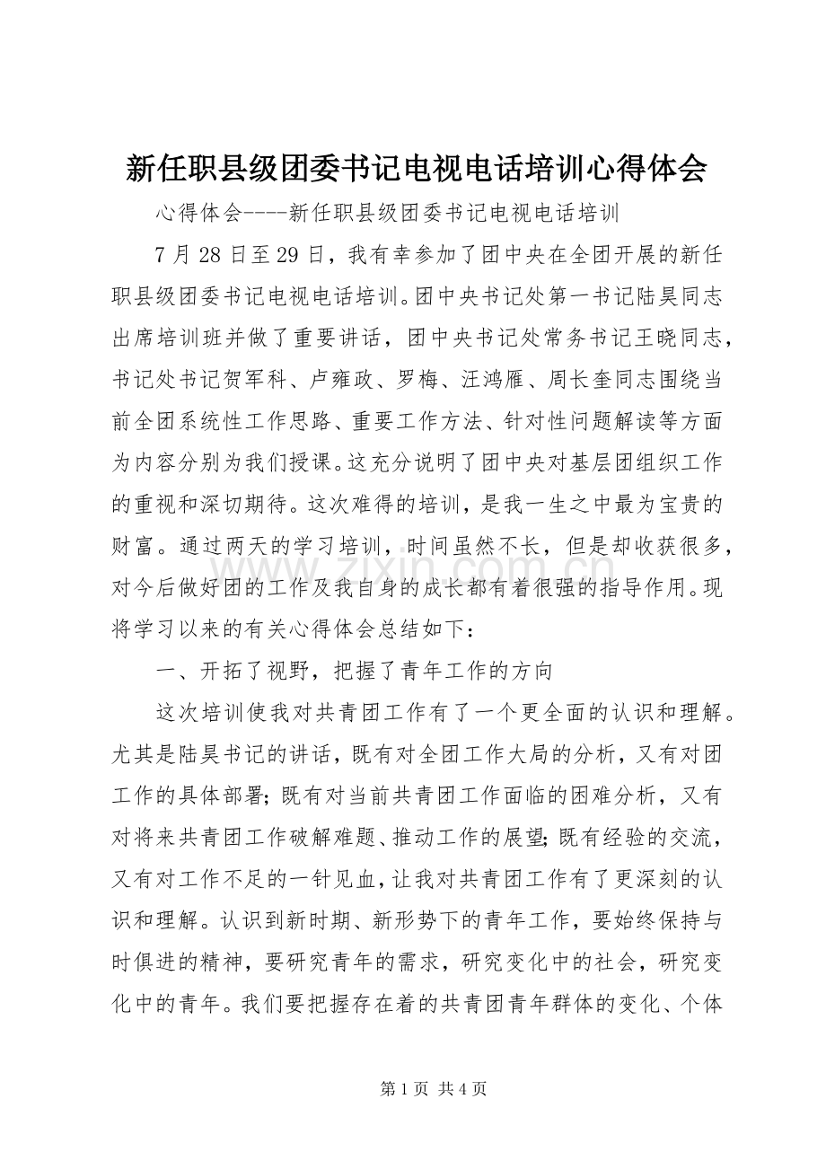 新任职县级团委书记电视电话培训体会心得.docx_第1页