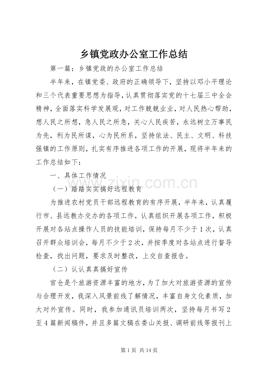 乡镇党政办公室工作总结 .docx_第1页