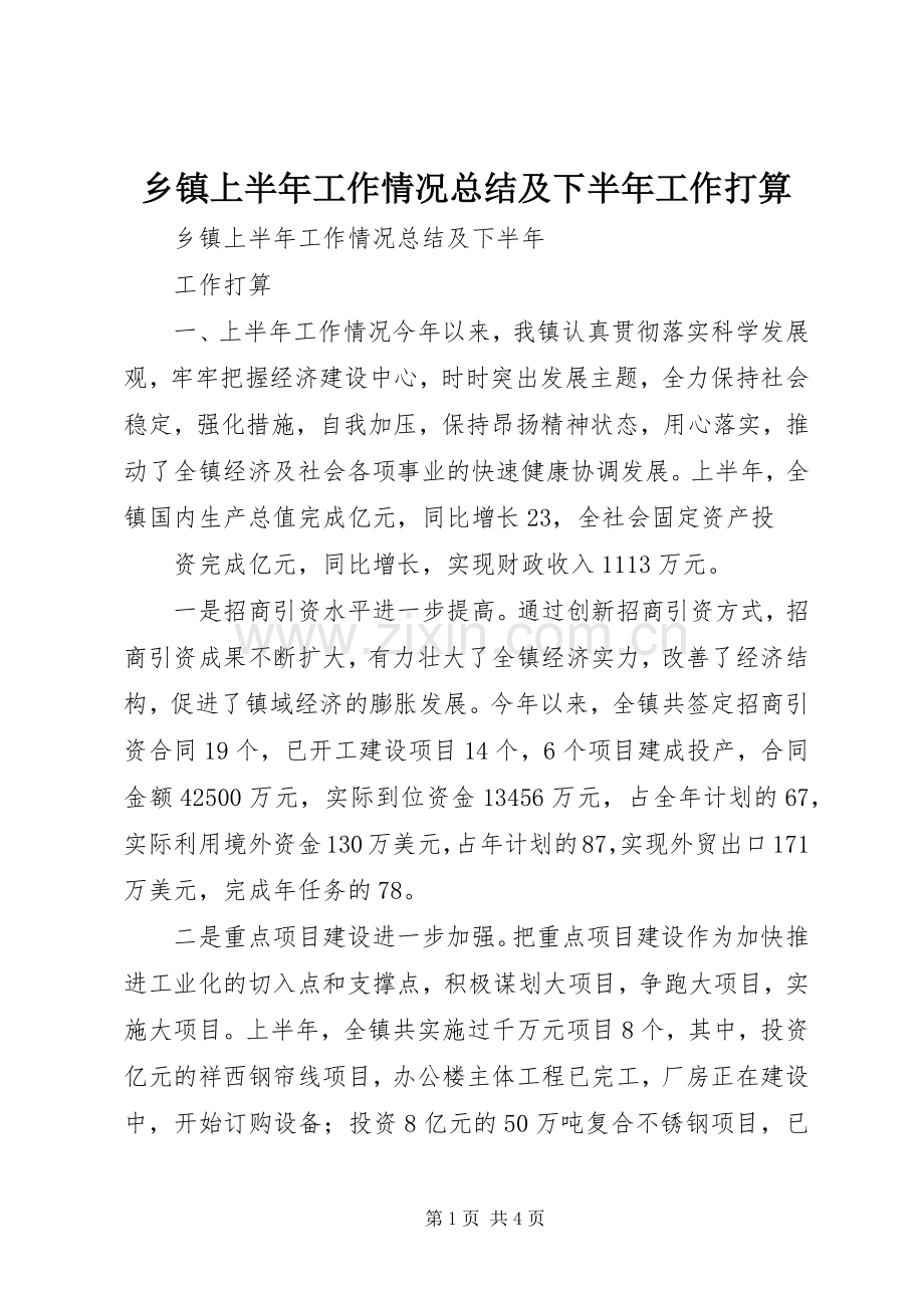 乡镇上半年工作情况总结及下半年工作打算 .docx_第1页