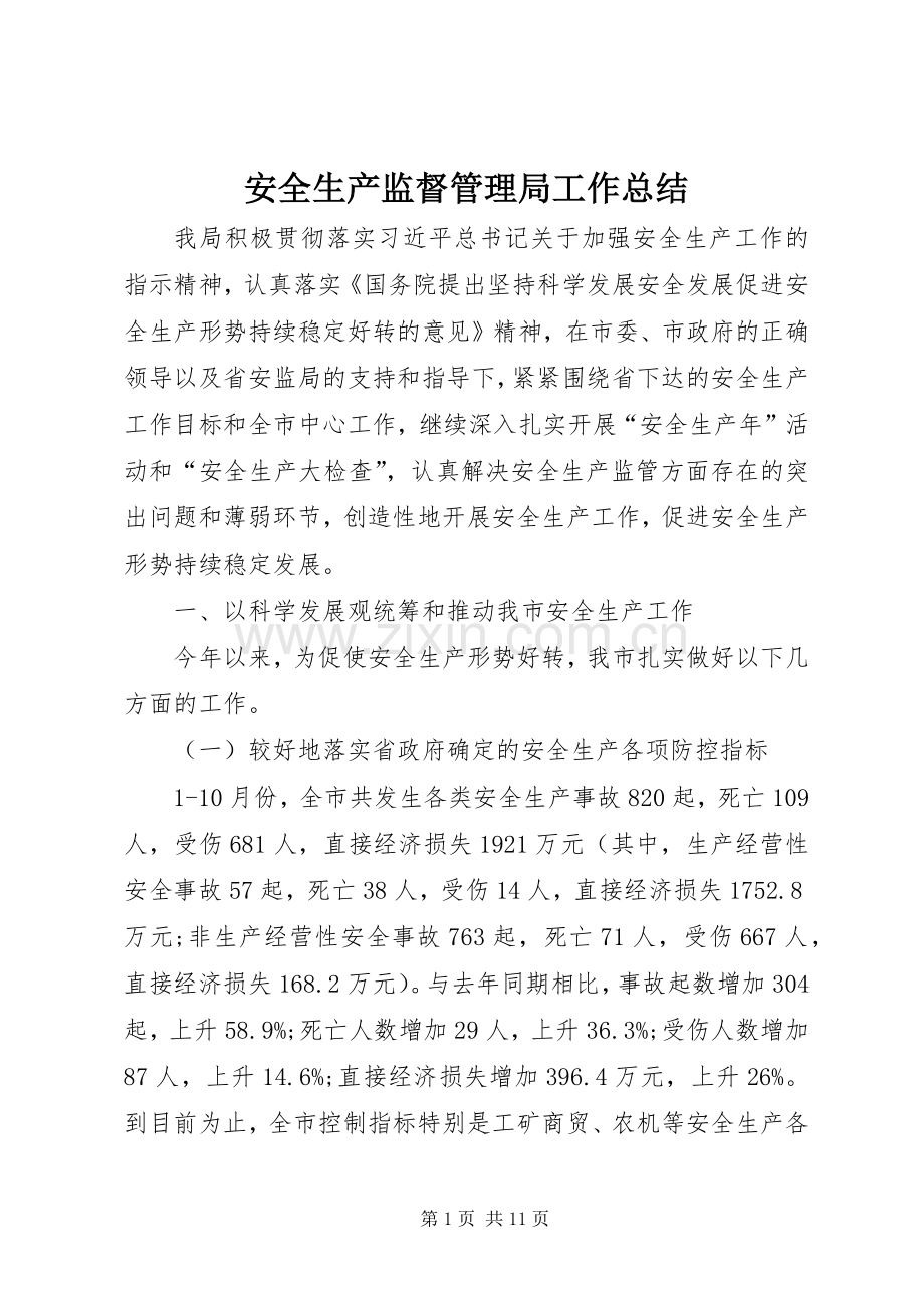 安全生产监督管理局工作总结 .docx_第1页