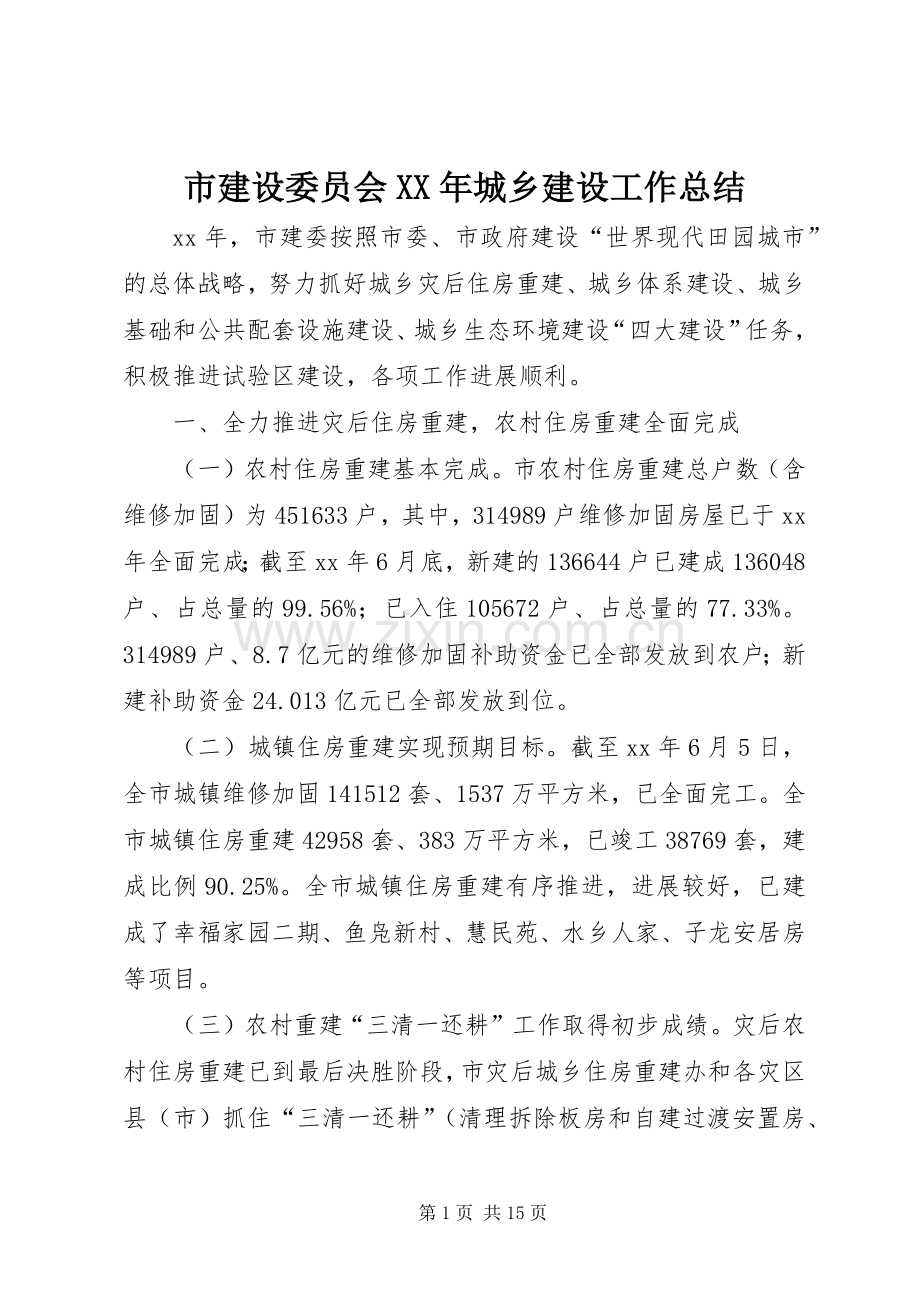 市建设委员会XX年城乡建设工作总结 .docx_第1页