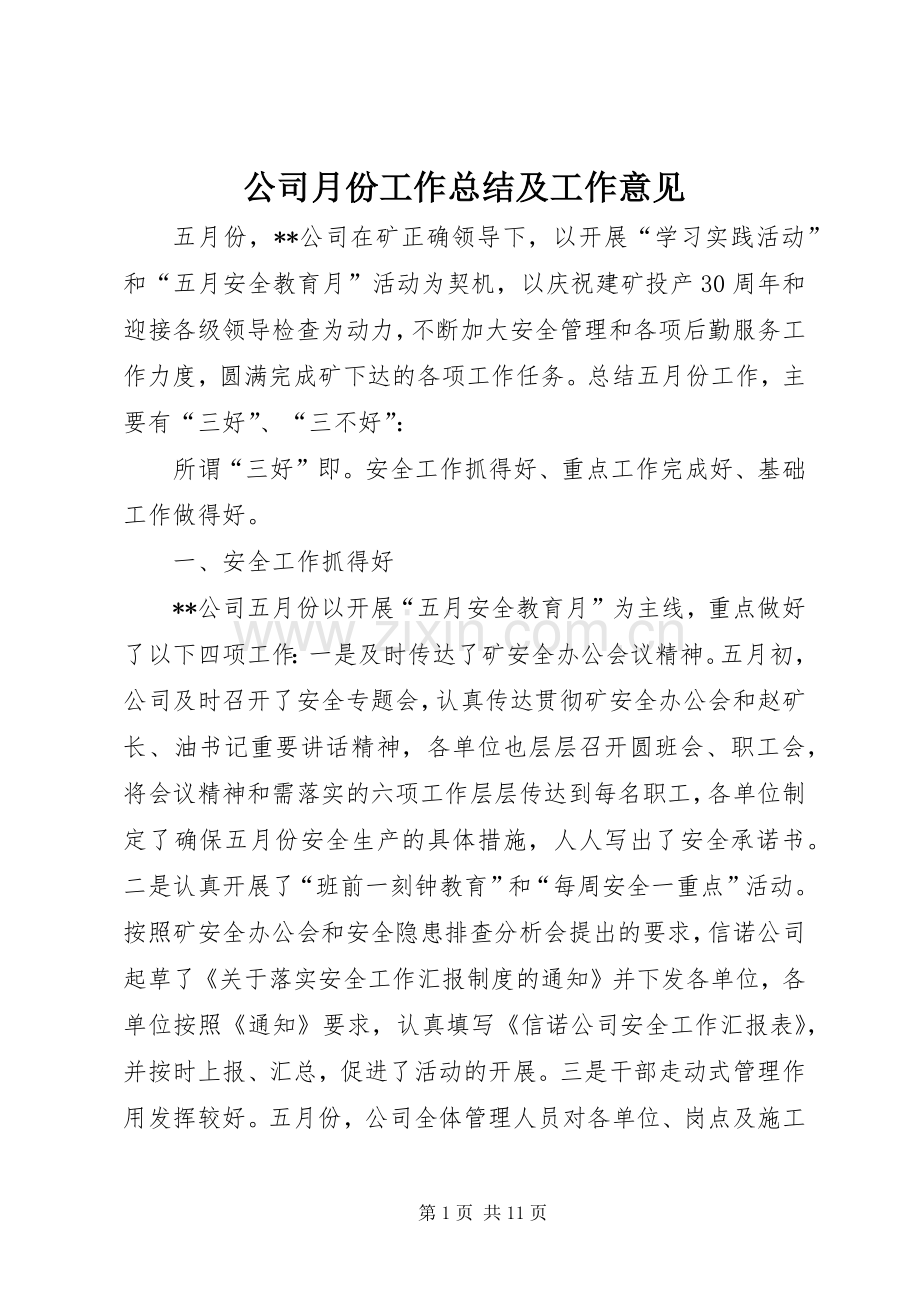 公司月份工作总结及工作意见 .docx_第1页