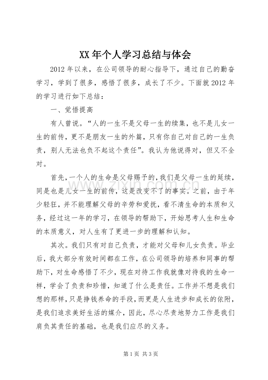 XX年个人学习总结与体会 .docx_第1页