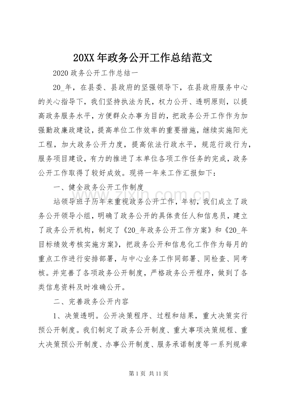 20XX年政务公开工作总结范文.docx_第1页