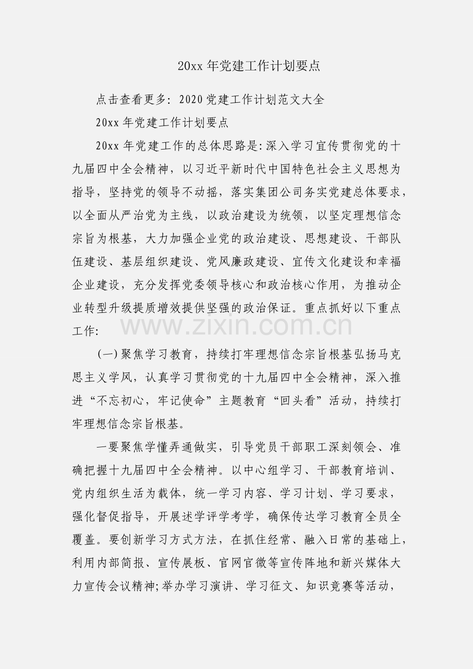 20xx年党建工作计划要点.docx_第1页