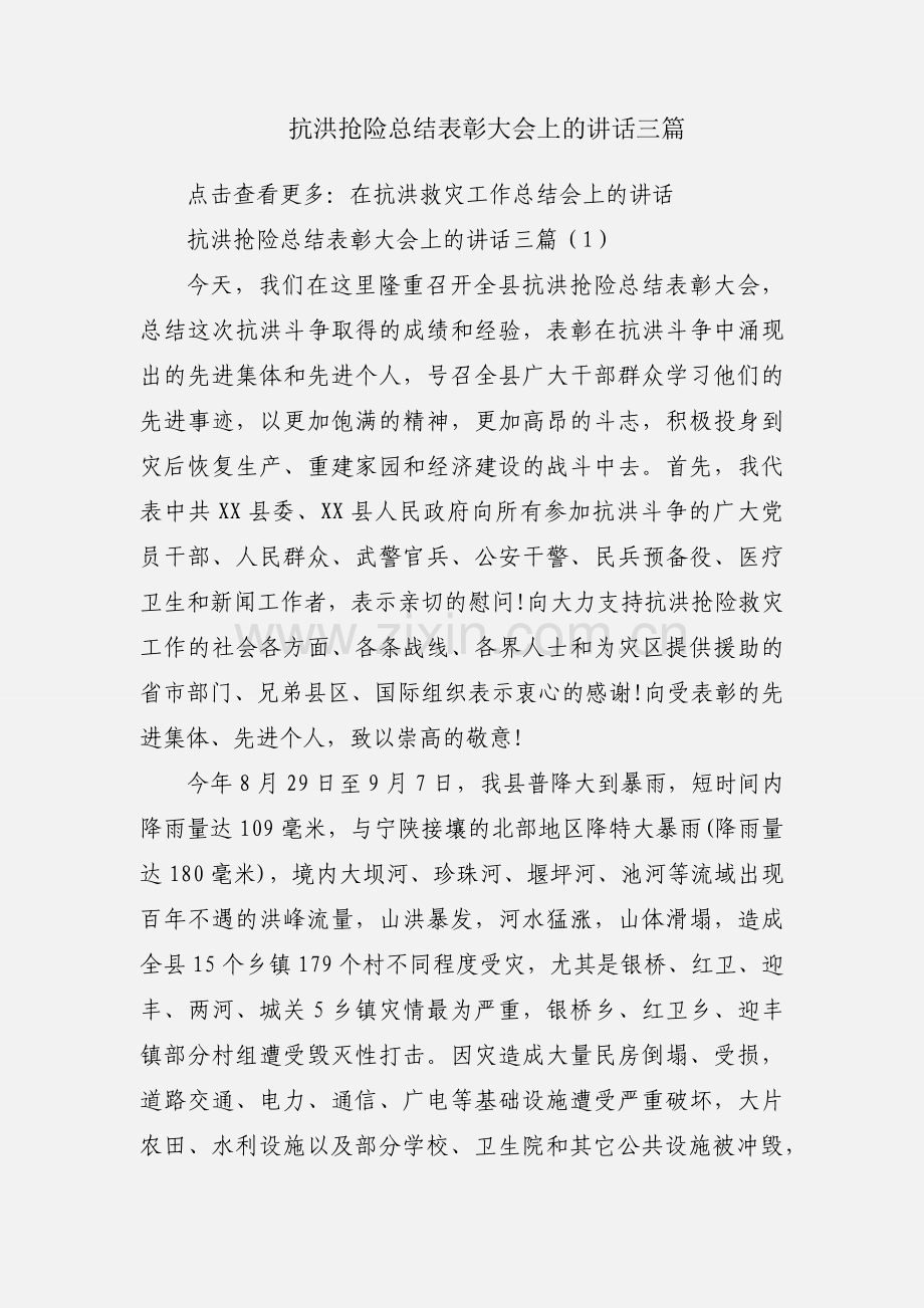 抗洪抢险总结表彰大会上的讲话三篇.docx_第1页