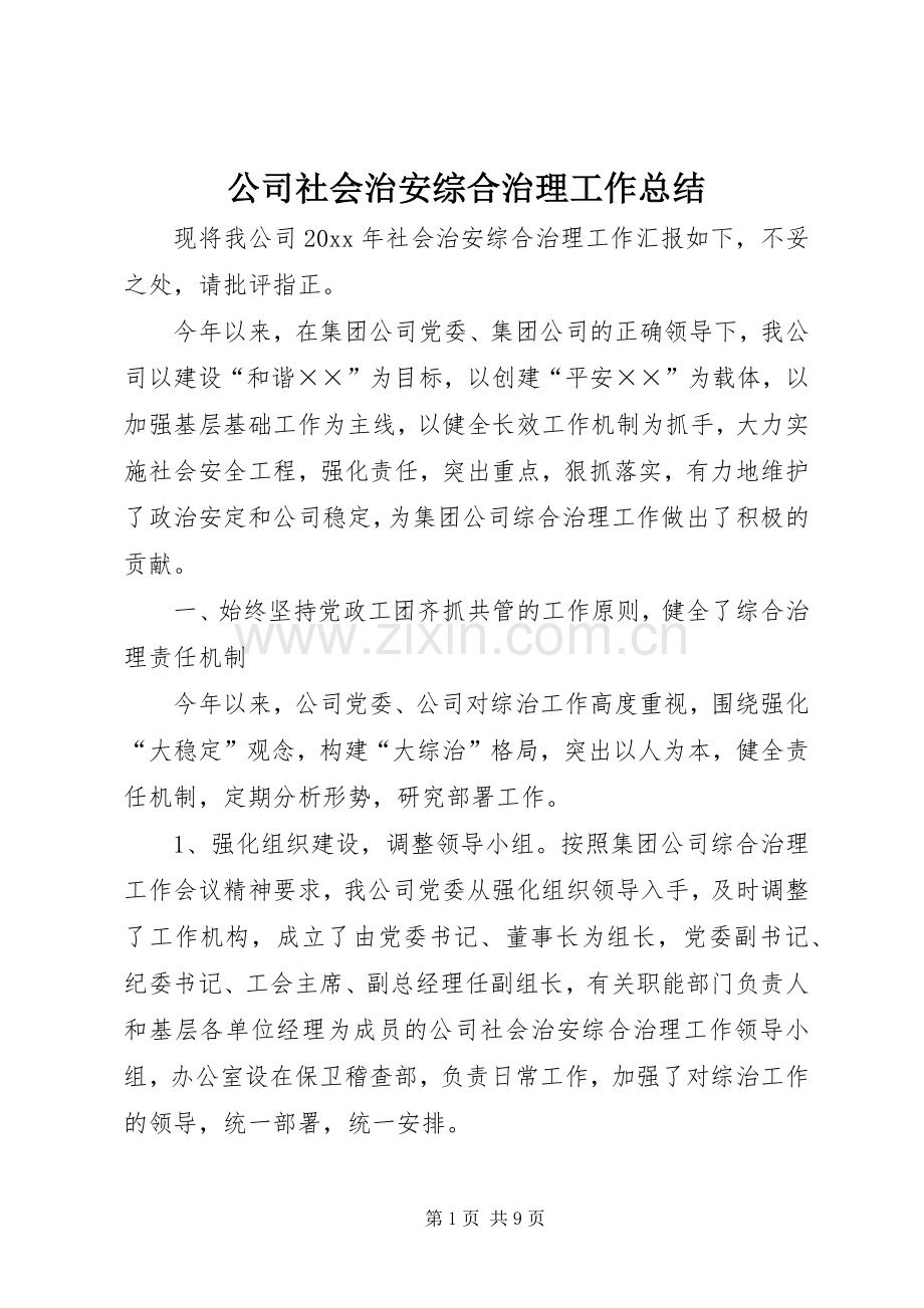 公司社会治安综合治理工作总结 .docx_第1页