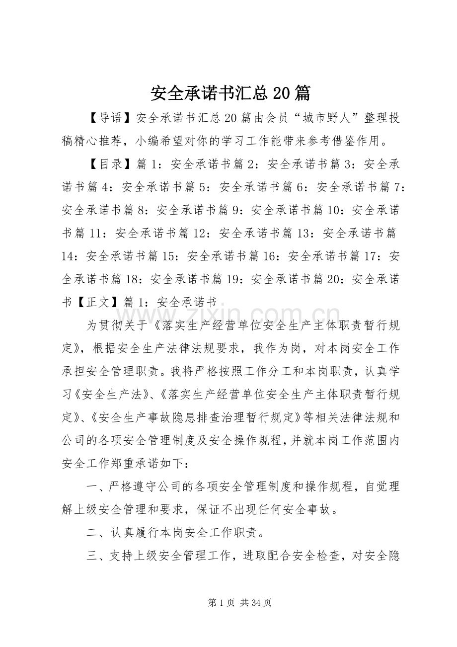 安全承诺书汇总20篇.docx_第1页