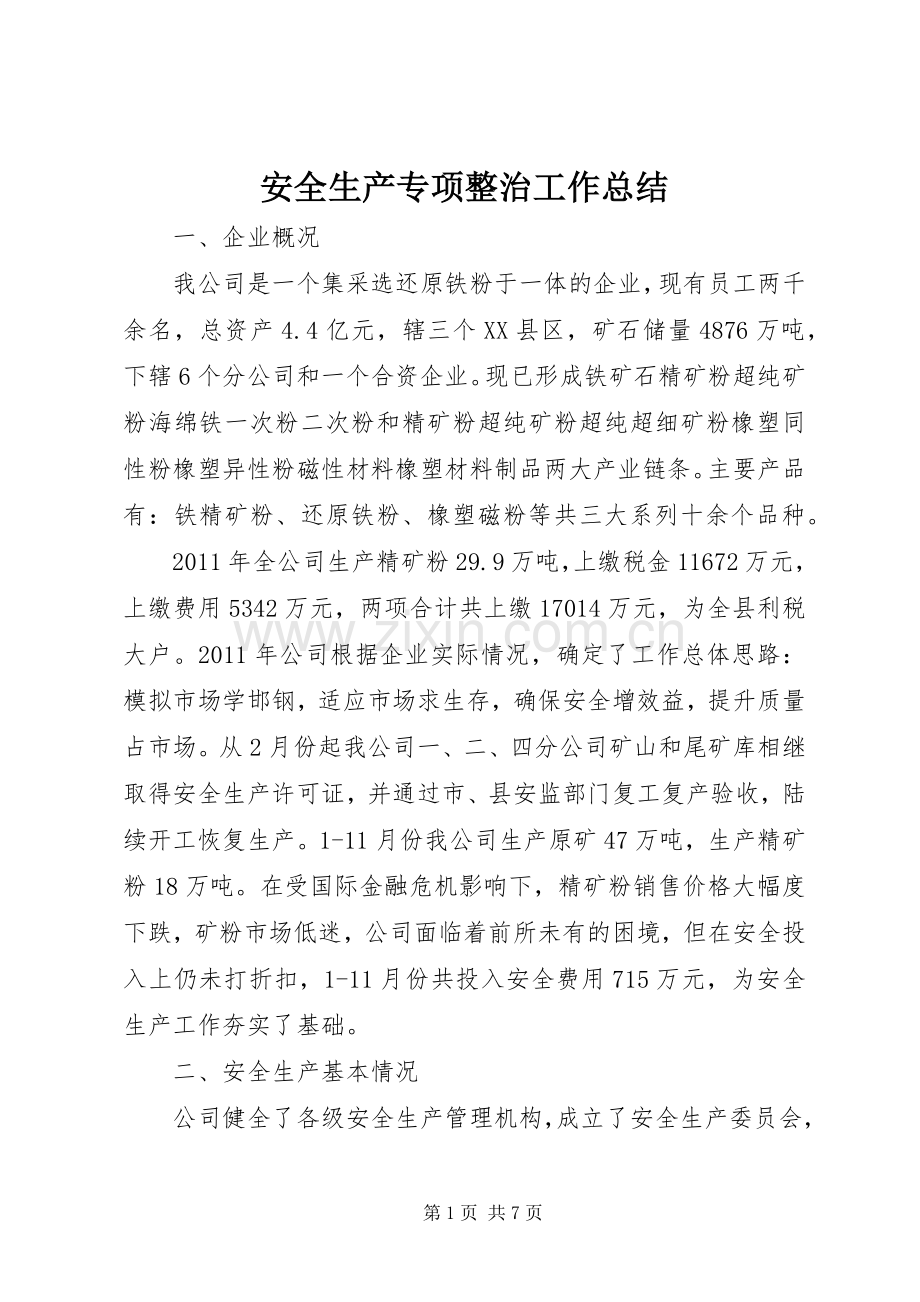 安全生产专项整治工作总结 .docx_第1页