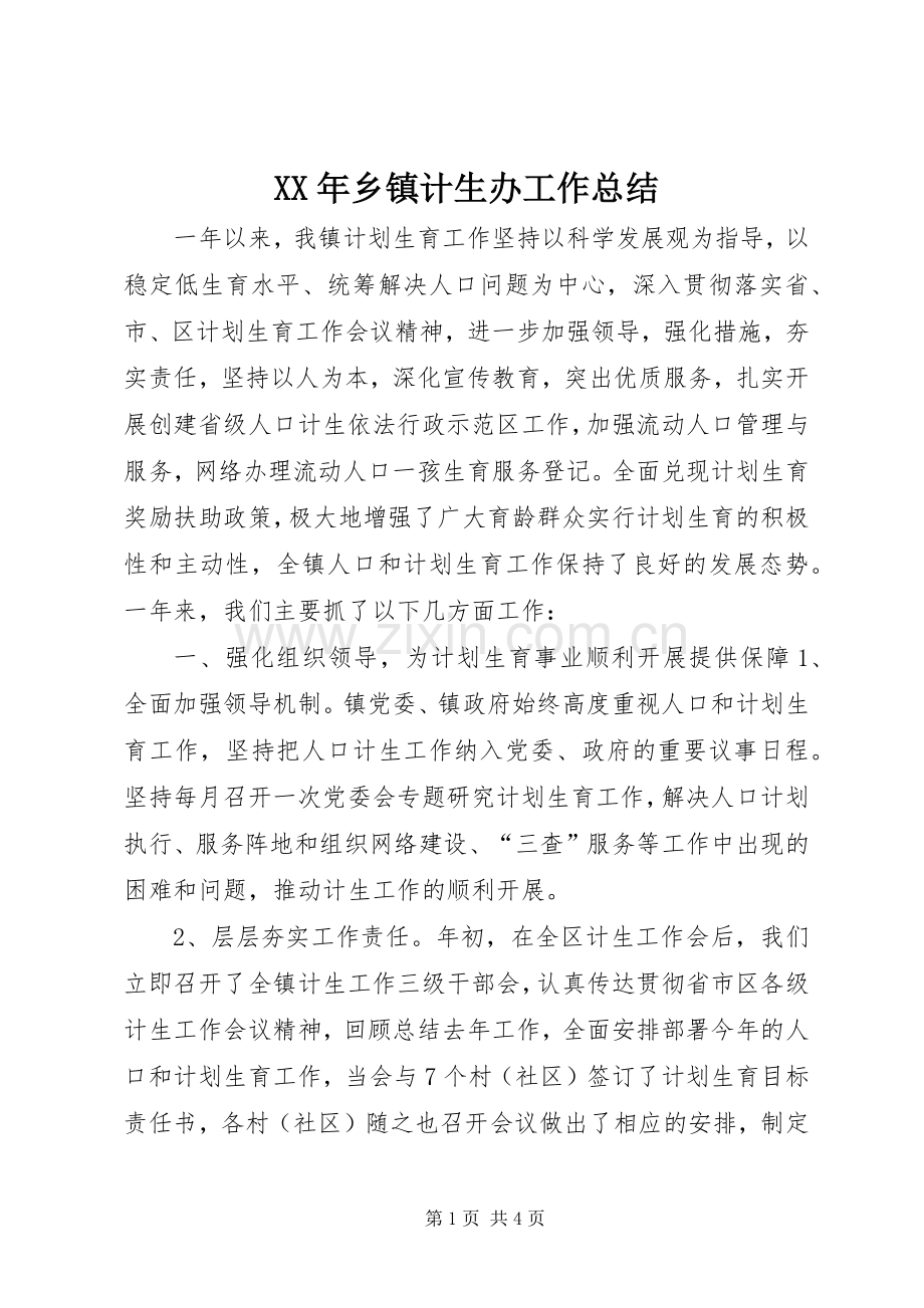 XX年乡镇计生办工作总结 .docx_第1页