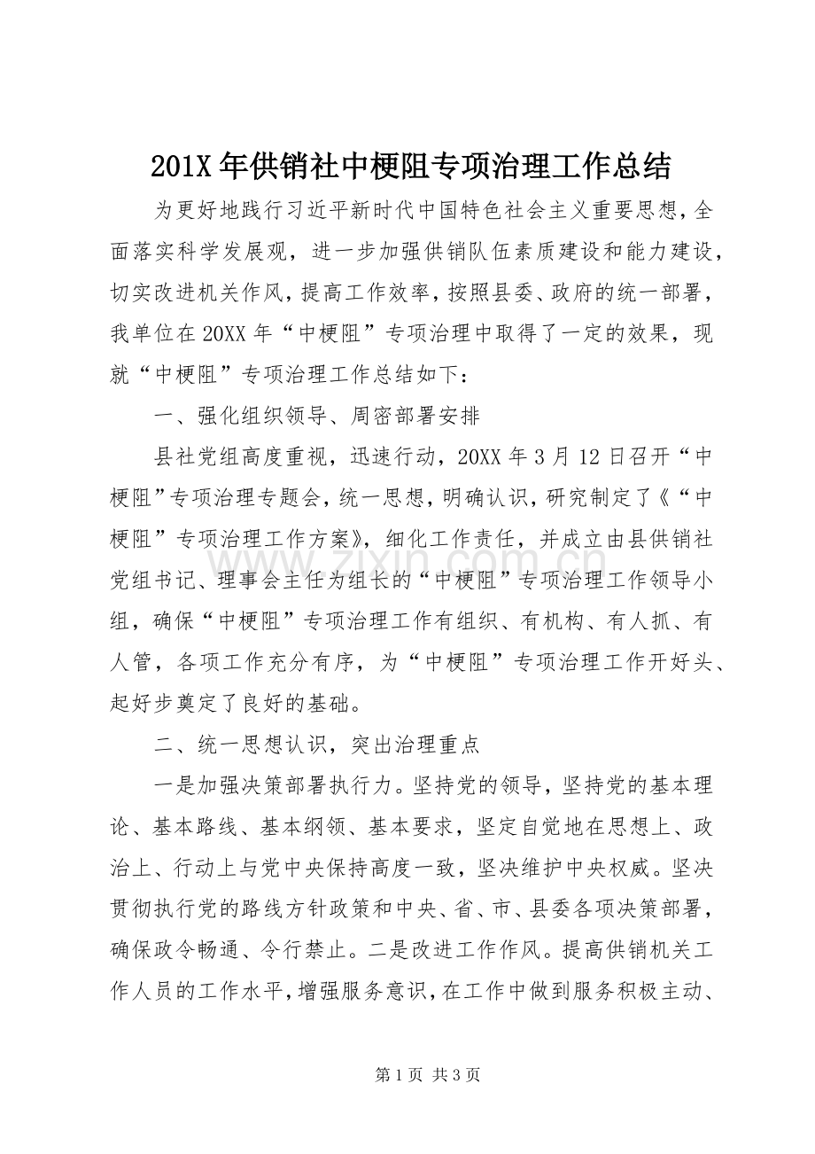 202X年供销社中梗阻专项治理工作总结.docx_第1页