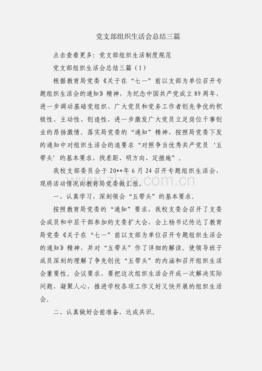 党支部组织生活会总结三篇.docx_第1页