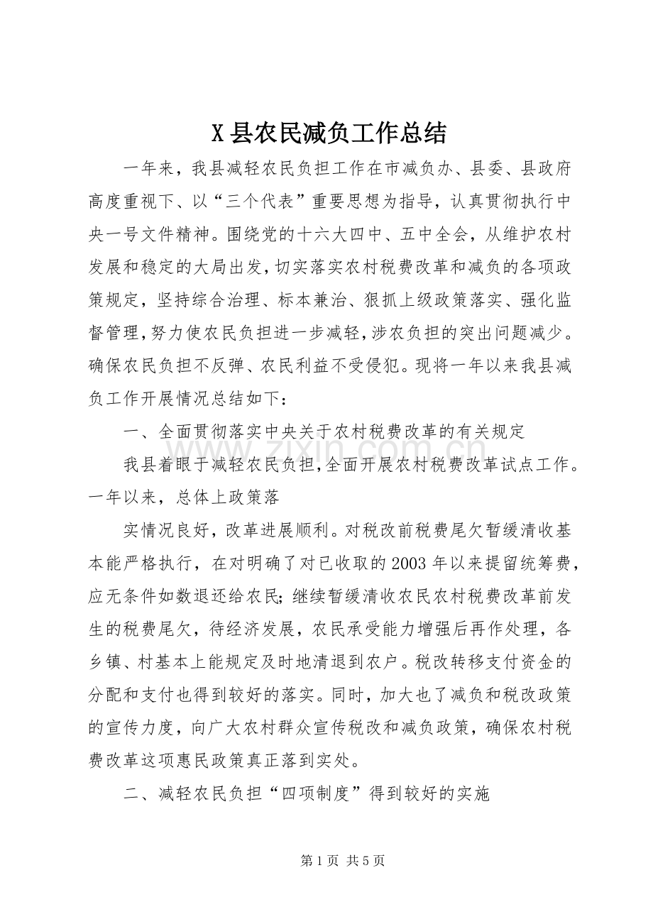 X县农民减负工作总结 .docx_第1页