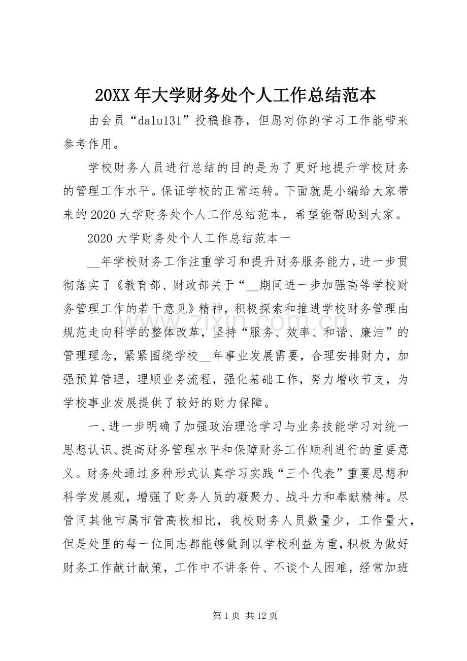 20XX年大学财务处个人工作总结范本.docx_第1页