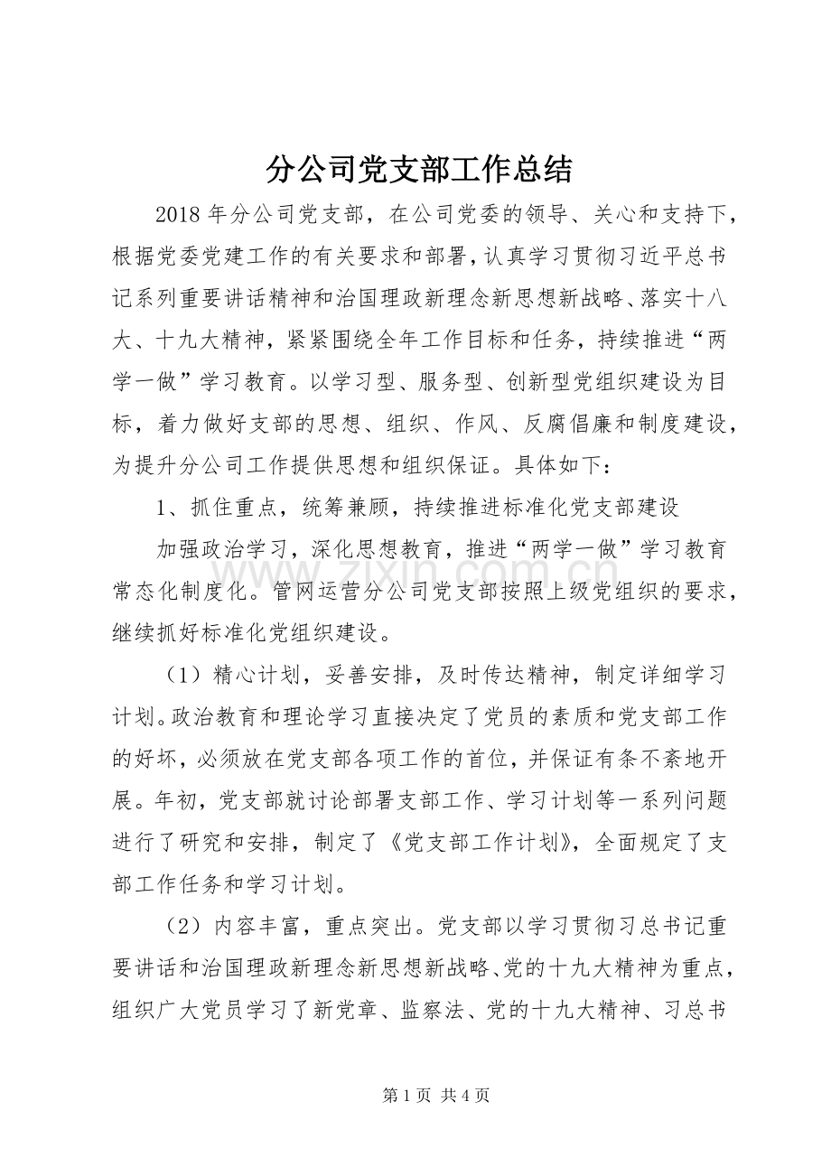 分公司党支部工作总结 .docx_第1页