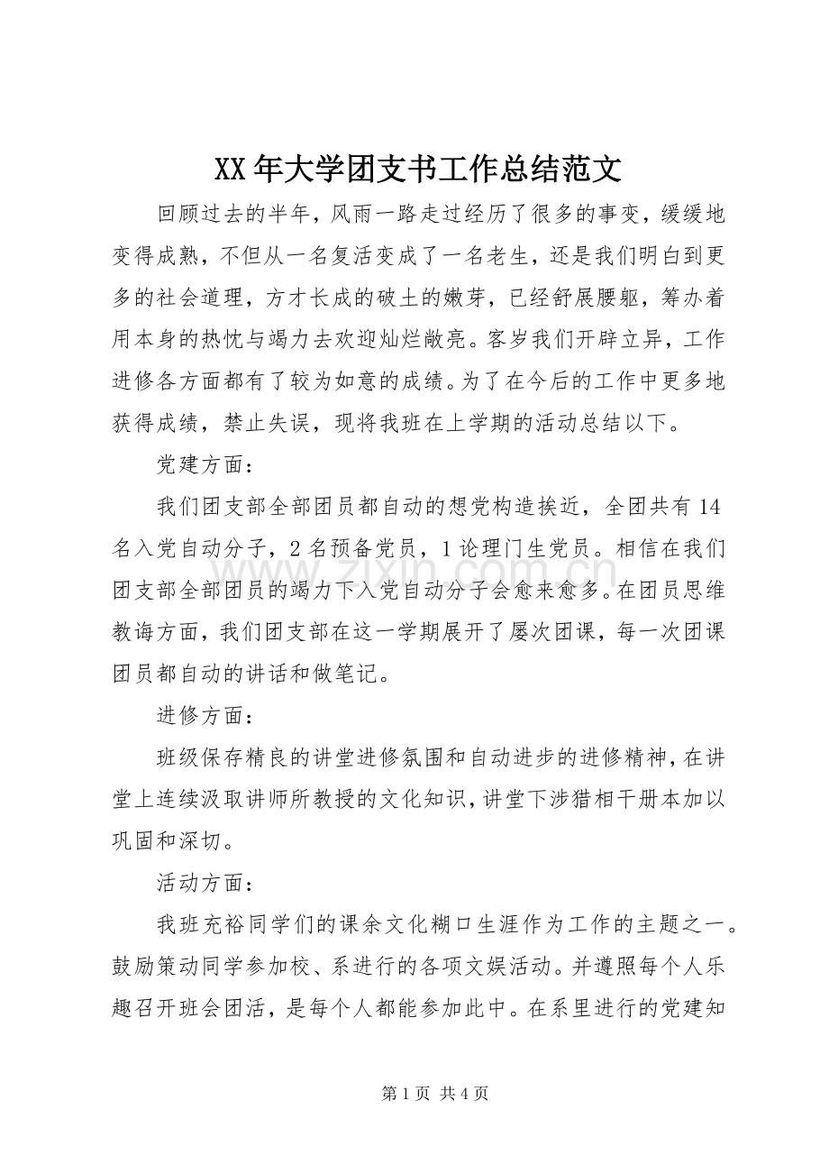 XX年大学团支书工作总结范文 .docx_第1页