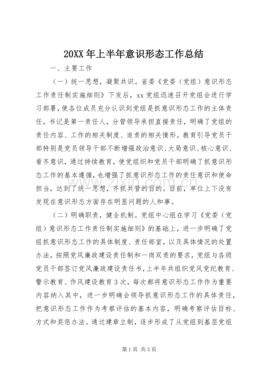 20XX年上半年意识形态工作总结.docx_第1页