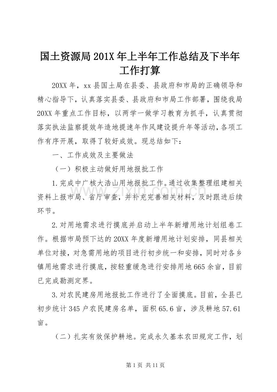 国土资源局202X年上半年工作总结及下半年工作打算.docx_第1页