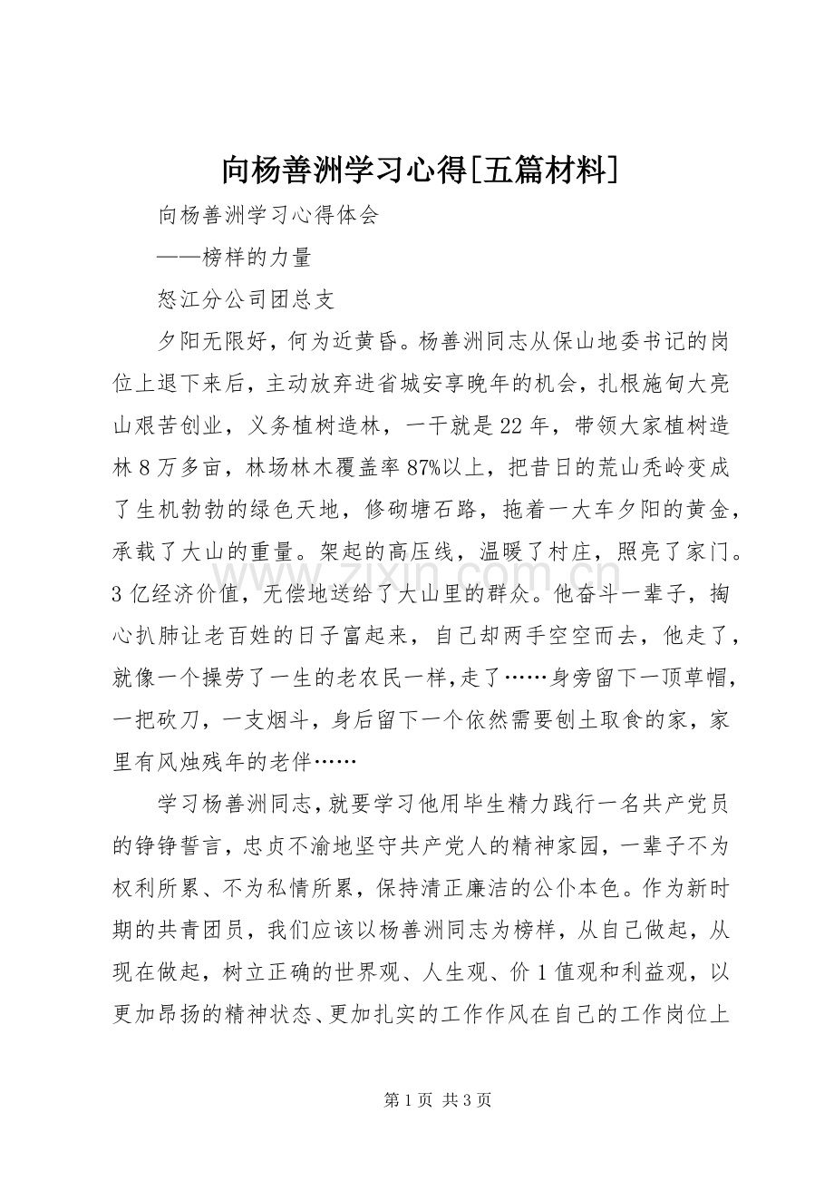 向杨善洲学习体会[五篇材料].docx_第1页