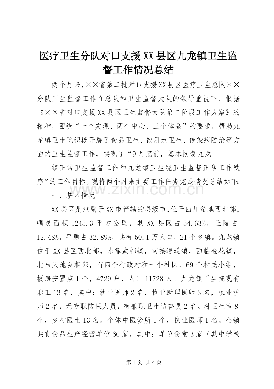 医疗卫生分队对口支援XX县区九龙镇卫生监督工作情况总结 .docx_第1页