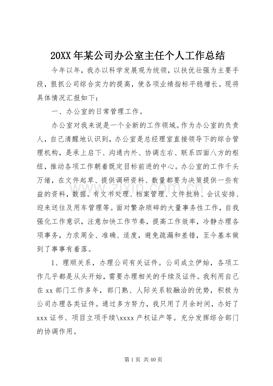 20XX年某公司办公室主任个人工作总结.docx_第1页