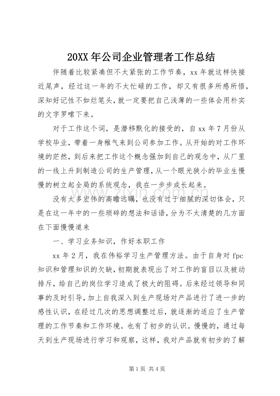 20XX年公司企业管理者工作总结.docx_第1页