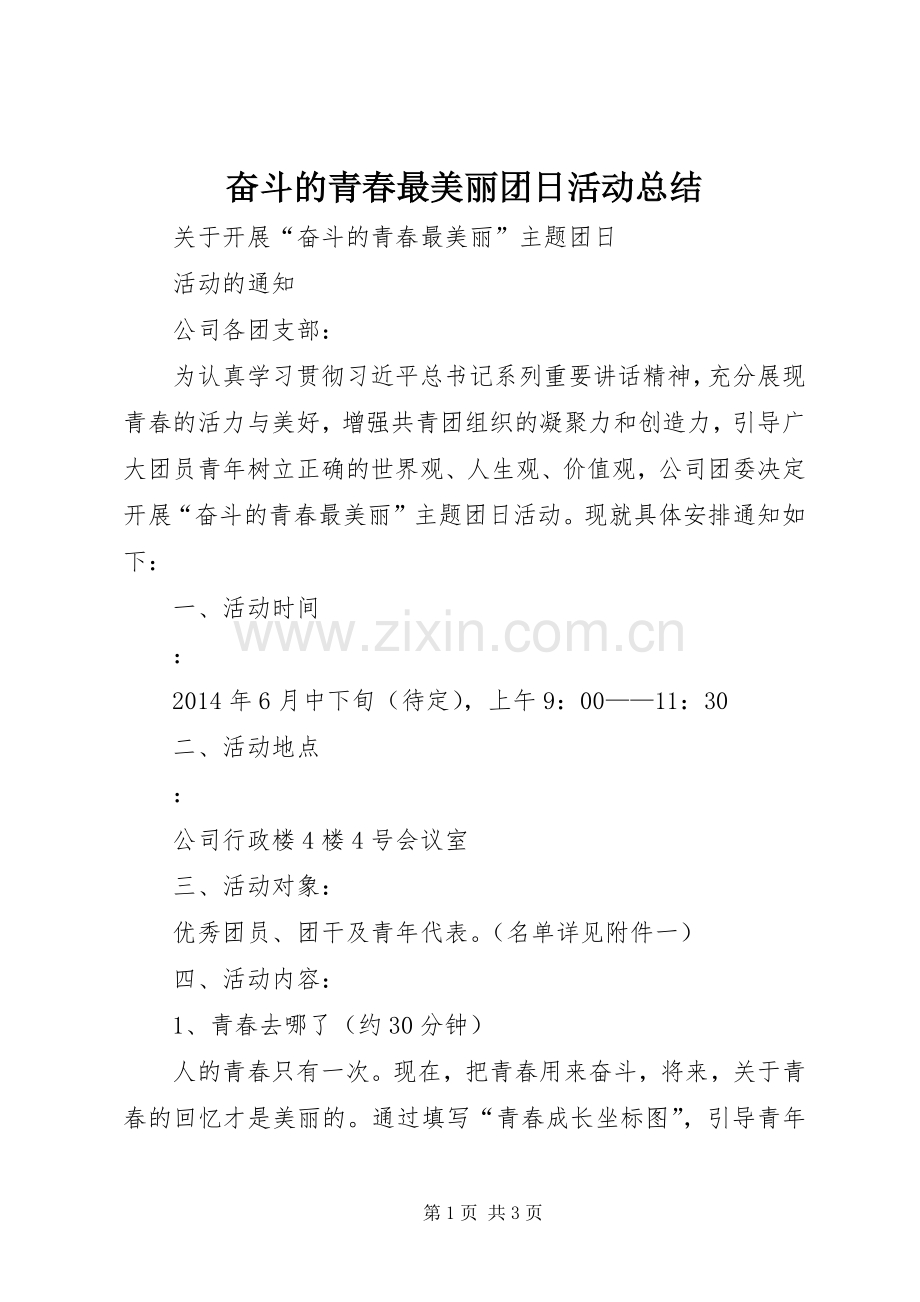 奋斗的青春最美丽团日活动总结 .docx_第1页