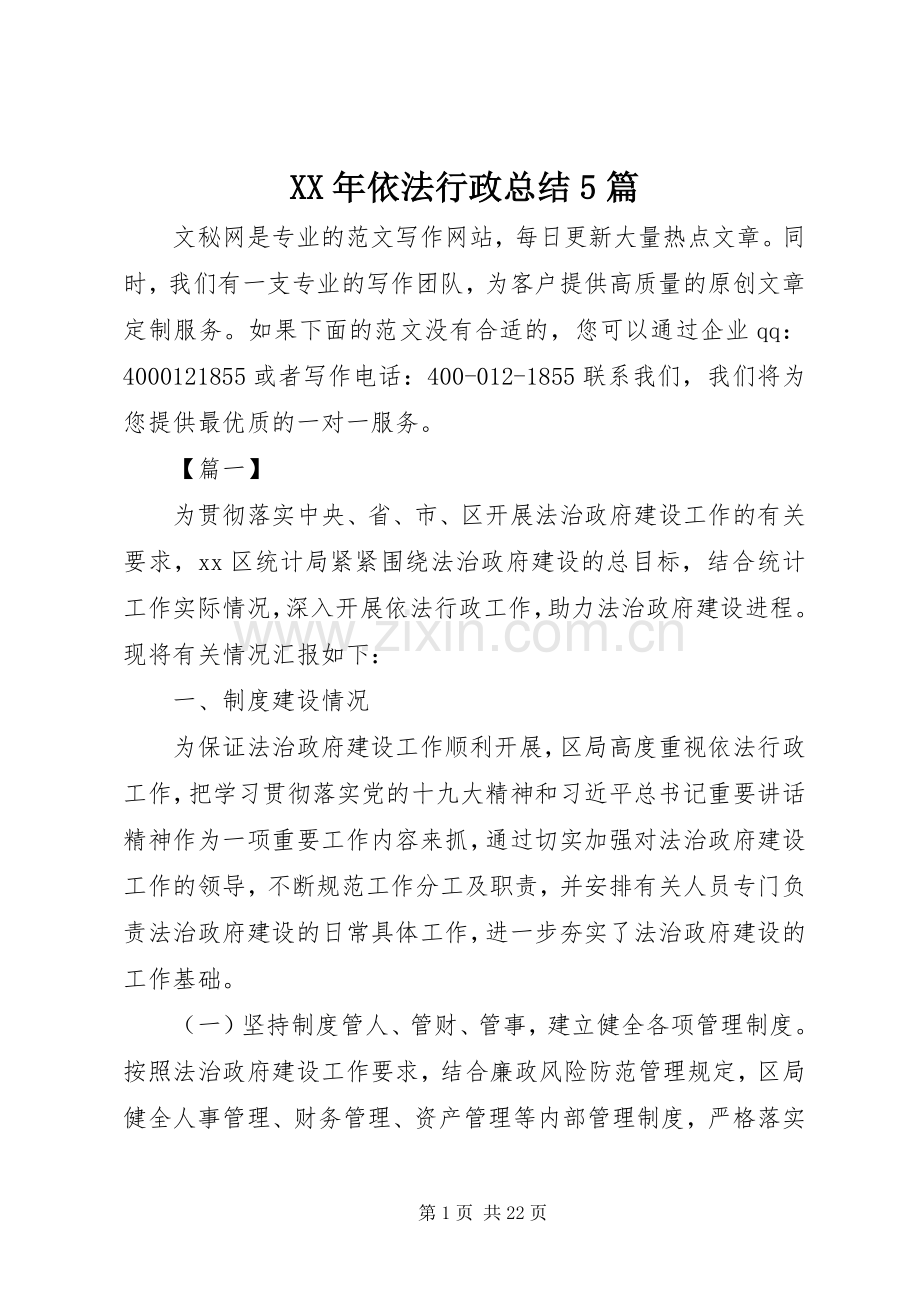 XX年依法行政总结5篇 .docx_第1页