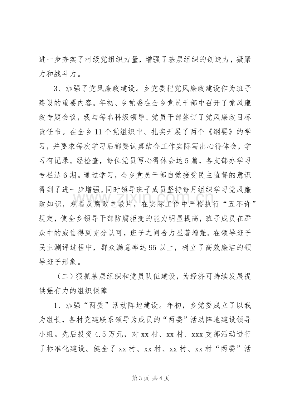 乡党委书记党委工作和廉洁自律情况总结汇报 .docx_第3页