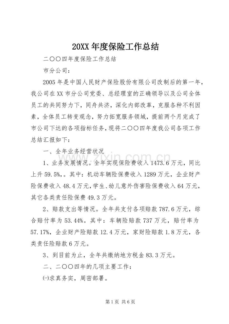 20XX年度保险工作总结.docx_第1页