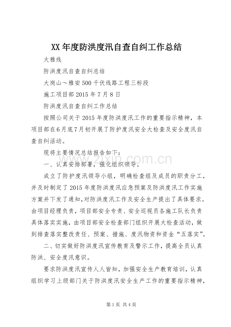 XX年度防洪度汛自查自纠工作总结 .docx_第1页