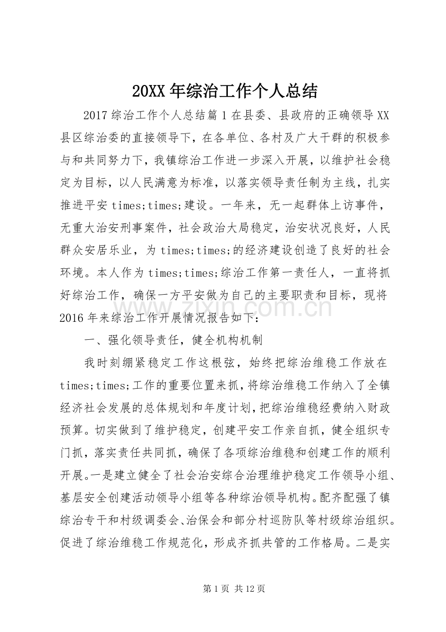 20XX年综治工作个人总结.docx_第1页