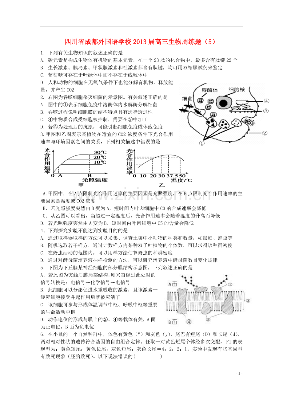 四川省成都外国语学校2013届高三生物周练题(5).doc_第1页