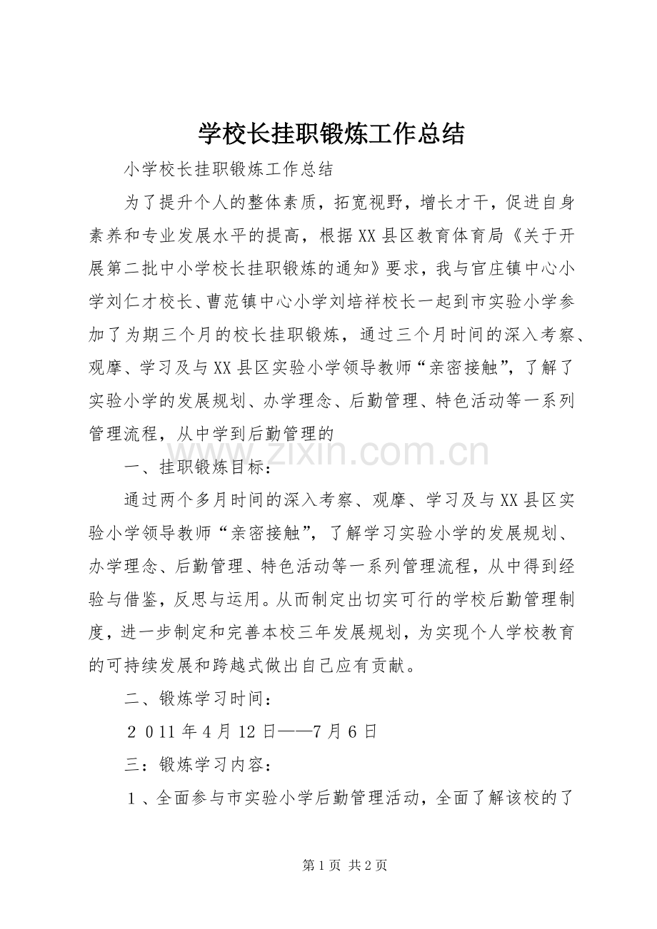 学校长挂职锻炼工作总结 .docx_第1页