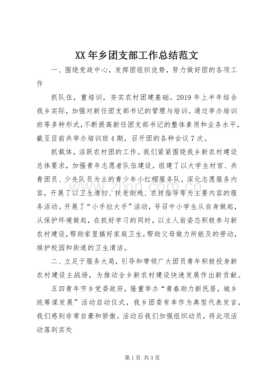 XX年乡团支部工作总结范文 .docx_第1页