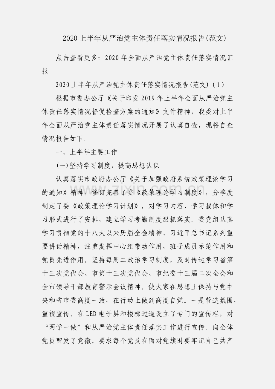 2020上半年从严治党主体责任落实情况报告(范文).docx_第1页