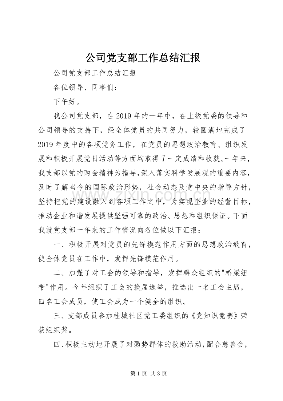 公司党支部工作总结汇报 .docx_第1页